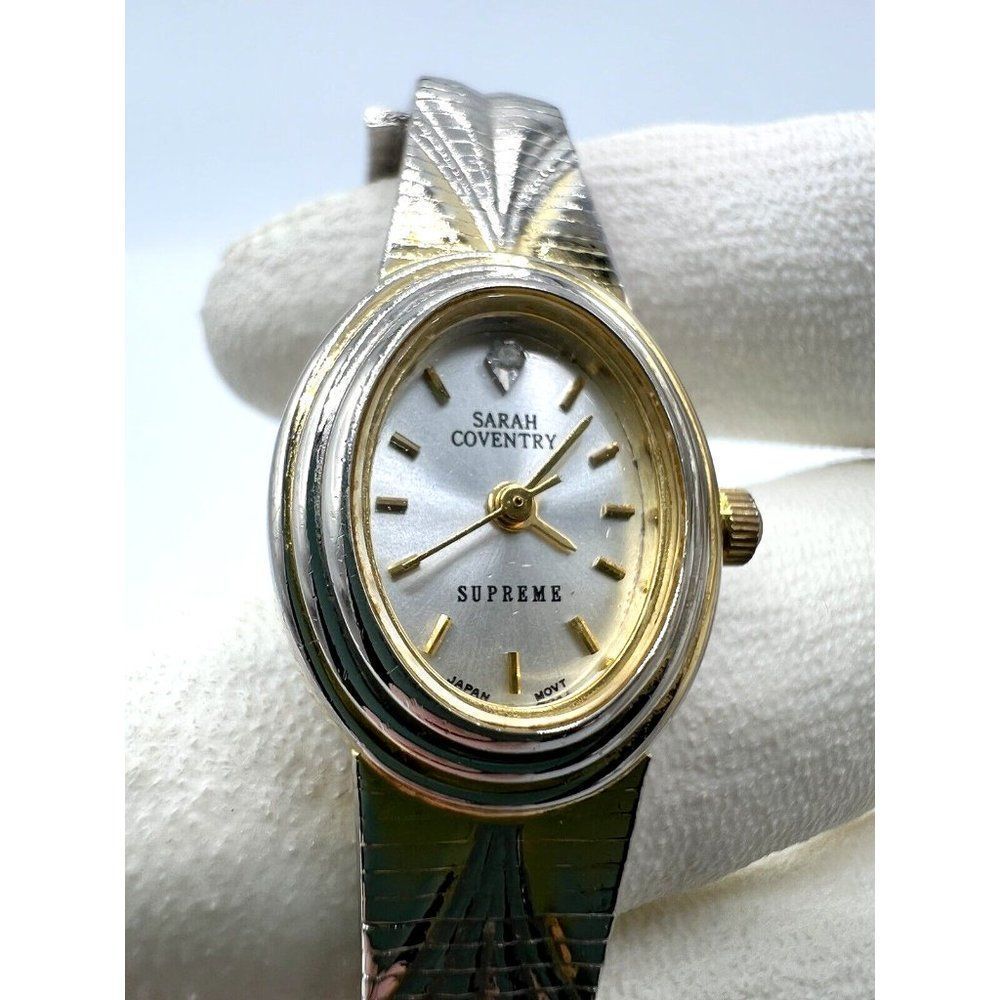 Sarah Coventry Supreme Metal Band Gold Silver Tone Ladies Watch Diamond Chip - Picture 3 of 6